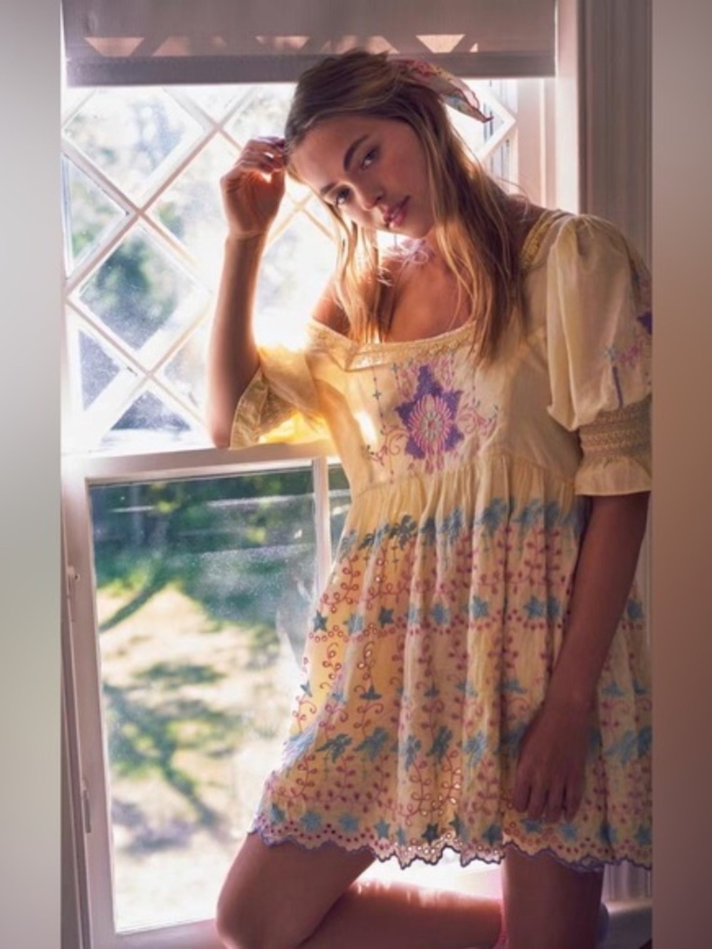LoveShackFancy Freja Embroidered Yellow Lilac Romantic Victorian Cotton Dress 8